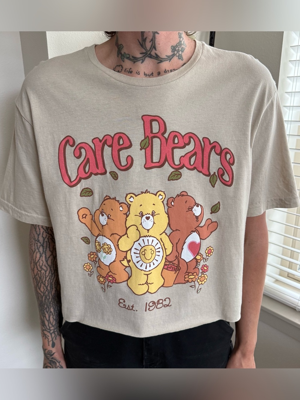 Care Bears Cropped Tan Retro Style Graphic Tee ~ Size Medium